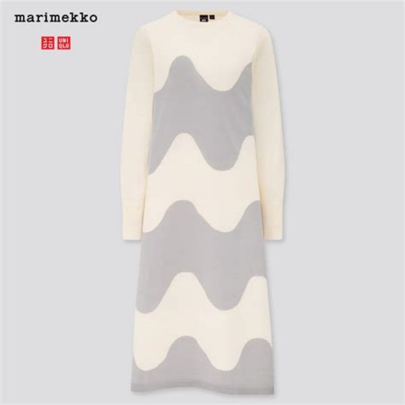 Marimekko x Uniqlo Merino Blend A-line Sweater Dress, Cream + Silver Waves, S - Picture 1 of 7